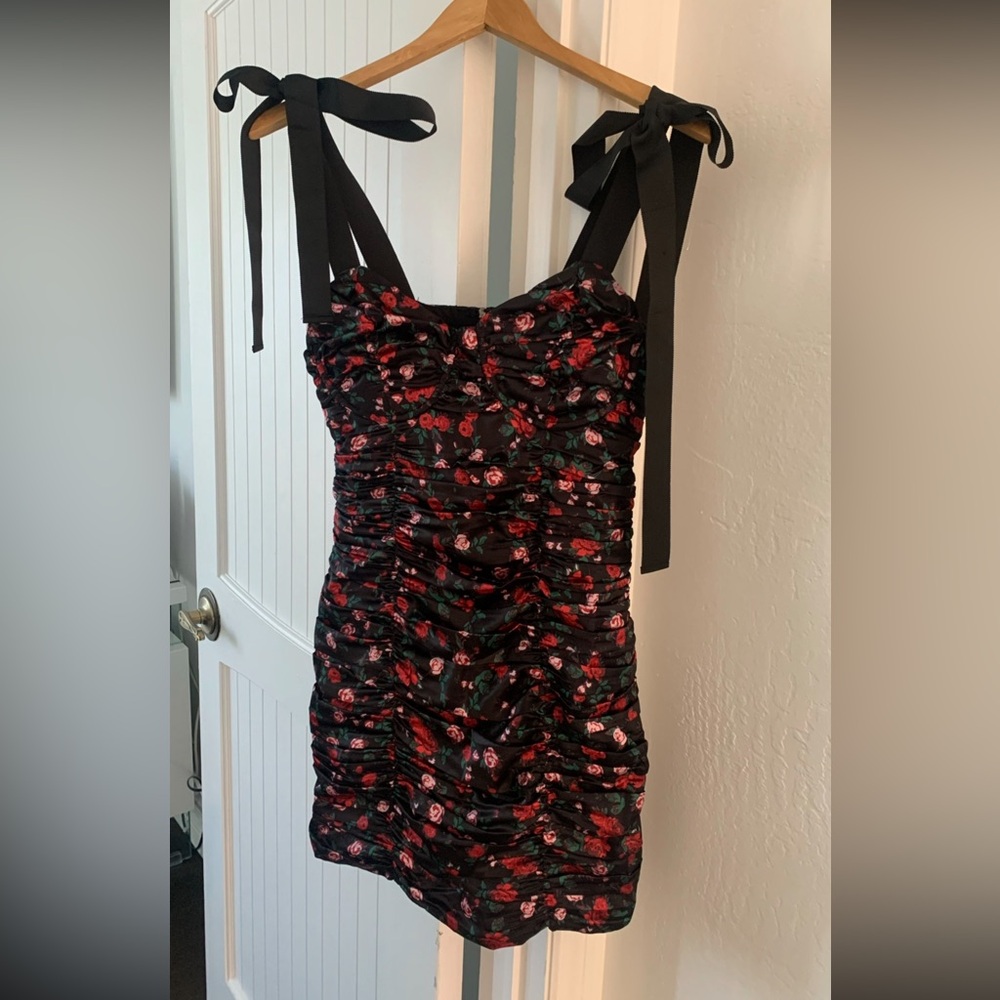 Floral Ruched Dress with Bow Straps